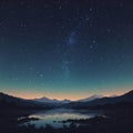 Starry night sky with a lake and mountains in the foreground. Royalty Free Stock Photo