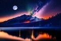 starry night sky and moon on sea mountains on horizon seawater blurred light reflection Aurora borealis and milky way Royalty Free Stock Photo