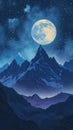 Starry night sky over majestic mountain peaks with full moon Royalty Free Stock Photo
