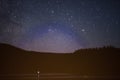 Starry night sky over mountain lake and forests Royalty Free Stock Photo