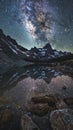 Starry night sky over mountain lake with reflections Royalty Free Stock Photo