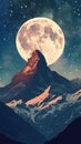 Starry night sky over a mountain peak with a full moon Royalty Free Stock Photo