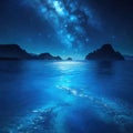 Starry Night Sky over Ocean and Mountains with Blue color theme Royalty Free Stock Photo