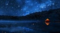 Starry night sky over a reflective lake with a glowing tent Royalty Free Stock Photo