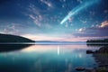 Starry Night Sky Over Tranquil Lake with Comet, AI Generated