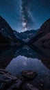 Starry night sky over a tranquil mountain lake