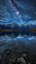 Starry night sky reflection over mountain lake Royalty Free Stock Photo
