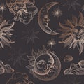 Starry Night Sky Trendy Seamless Pattern, Vintage Celestial Hand drawn Background Template of Galaxy, Space Royalty Free Stock Photo