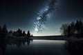 Starry Night: A Spectacular Display of the Milky Way Over a Tranquil Lake, ai generative Royalty Free Stock Photo