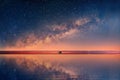 Starry night universe moon  sea blue  pink cloudy sky sunset light reflection on water  reflection on horizon boat skyline  nature Royalty Free Stock Photo