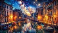 Starry Night Venice A Double Exposure Masterpiece Capturing Gondolas and Canals Under a Celestial Tapestry Royalty Free Stock Photo