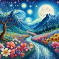 A starry night view of Van Gogh in a whimsical mountain road, moon, blossom flowers, tree, wildplants, painting art Royalty Free Stock Photo