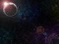 Starry outer space background texture. The sun is behind the dead planet.