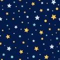 Starry seamless pattern decorated yellow blue stars shape Dark night backgound wallpaper textile vector