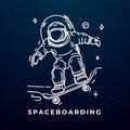 Starry Skateboarder. Futuristic Astronaut on Skateboard. Line drawing of astronaut riding skateboard outer deep space