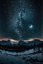 Starry skies and moon over mountains landscape at night, created using generative ai technology Royalty Free Stock Photo
