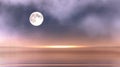 Pink  lilac sunset on cloudy starry sky and full moon night  dramatic cloudy  sky  nebula  at sea on  blue water moonlight reflect Royalty Free Stock Photo