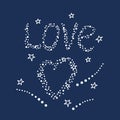 Starry sky, the inscription Love and the heart of the stars. Vector illustration. Can be used for greeting card, invitation, Royalty Free Stock Photo