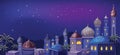 Starry sky. Magic night in the East. Fairytale Arabic landscape with traditional mud houses and ancient temple or Mosque. Muslim.