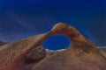 Starry Sky at Mobius Arch Lone Pine Peak Mount Whitney Lower Natural arch Eroded Alabama Hills. Nevada, Nature Royalty Free Stock Photo