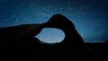 Starry Sky at Mobius Arch Lone Pine Peak Mount Whitney Lower Natural arch Eroded Alabama Hills. USA, Night Royalty Free Stock Photo