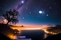 starry sky and moon at night in Switzerland valley mountains on horizon beautiful landscape Royalty Free Stock Photo