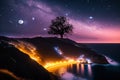 starry sky and moon at night in Switzerland valley mountains on horizon beautiful landscape Royalty Free Stock Photo