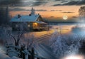 Winter evening in countryside wooden cabin,snow fall trees covered by snow,nature landscape Royalty Free Stock Photo