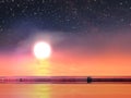 Starry sky moon stars sunset at sea blue,pink colorful summer night seascape city panorama night light reflection  on water harbor Royalty Free Stock Photo