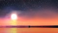 Starry sky moon stars sunset at sea blue,pink colorful summer night seascape city panorama night light reflection on water harbor