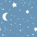 Starry sky nursery seamless pattern. Moon with stars and constellations on a blue background. Vector simple childish hand-drawn Royalty Free Stock Photo