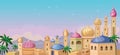 Starry sky. Oriental tale. Fairytale Arabic landscape with traditional mud houses, ancient temple, Mosque. Muslim Cityscape.