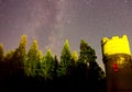 Starry sky over the forest and the water tower. Starry sky background picture of stars in night sky and the Milky Way Royalty Free Stock Photo