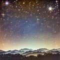 Starry Sky Over Silhouetted Landscape with Blue and Yellow streaks. AI generated. Royalty Free Stock Photo