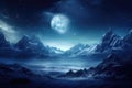 Starry sky over snowy mountains at night in winter. Beautiful landscape with snow covered rocks, blue clouds and star. Royalty Free Stock Photo
