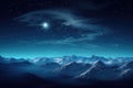Starry sky over snowy mountains at night in winter. Beautiful landscape with snow covered rocks, Royalty Free Stock Photo