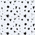 Starry sky seamless hand drawing pattern. Vector print with dark stars and hearts