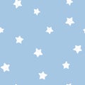 Starry sky seamless pattern. White stars on a blue background. Vector simple childish hand-drawn background in cartoon style. Royalty Free Stock Photo