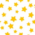 Starry sky seamless pattern. Yellow stars on a white background. Vector simple childish hand-drawn background in cartoon style. Royalty Free Stock Photo