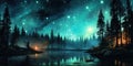 Starry sky with trees and meteors shooting through in sky, created with Generative AI technology