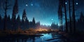 Starry sky with trees and meteors shooting through in sky, created with Generative AI technology