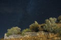 Starry sky under some trees in the village of Alquezar, Huesca, Spain. Royalty Free Stock Photo