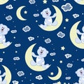 Starry sky, a young moon and a polar bear cub. Royalty Free Stock Photo