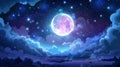 Starry space with bright glowing planet and fog, full moon and crescent in night sky complete with clouds and stars. Royalty Free Stock Photo