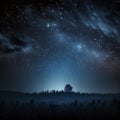 Stars background for National Space Day. Night starry sky, clouds and forest for astronomy nature landscape banner. Generative AI