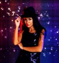 Stars, club and woman portrait at disco party or music concert event at night for celebration. Fashion, dark new year