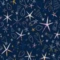 Stars and comets in the sky, colorful scribble seamless pattern