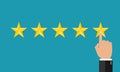 5 stars of customer and management. Result of performance. Star rate. Finger of customer in 5-th star rate. Feedback of quality.