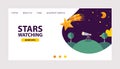 Stars in different styles website design vector illustration. Watching stars. Telescope on hill under sky. Shining stars Royalty Free Stock Photo