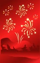 Stars fireworks on abstract red background. Vector illustration.